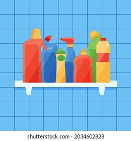 Assorted cleaning items set on a shelf in a bathroom or toilet Cleaning accessories flat style. Eps 10