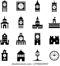 Assorted clock tower and building icons in monochrome style perfect for architecture and timerelated graphic design projects