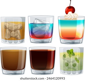 Assorted cocktails in glasses with different garnishes