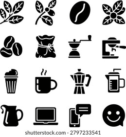 Assorted coffee and beverage preparation icons featuring plants beans and equipment in minimalist style