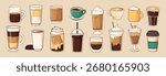 Assorted coffee beverages in a set of cups and mugs in cartoon style on beige background. Concept of hot and cold drinks. Vector illustration