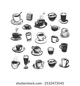 Assorted Coffee Cups Collection - Hand-Drawn Line Art. Detailed black and white line art collection of various coffee cups and mugs. Ideal for cafe menus, beverage projects, or coffee-related designs.