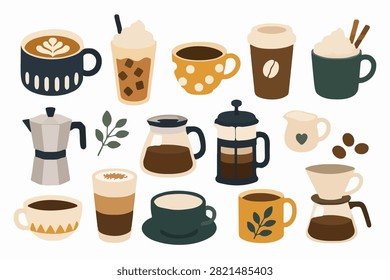Assorted coffee cups flat vector illustration for beverage marketing