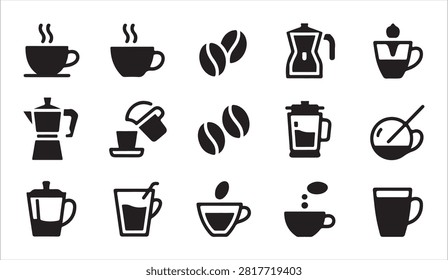 Assorted coffee making tools beans and serving cups icon set for cafe branding or home brewing equipment illustration.