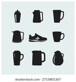 Assorted coffee mugs and related items in black silhouette