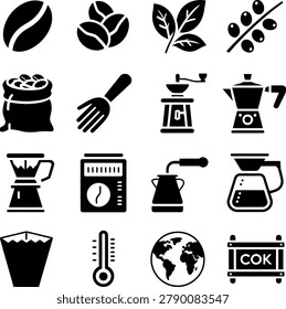 Assorted coffee preparation and ingredient icons showcasing beans tools and brewing methods in minimalist design
