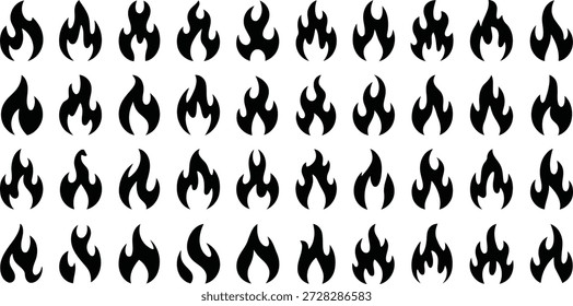An assorted collection of black flame icons, each with a unique shape, illustrating the diverse forms of fire and heat.