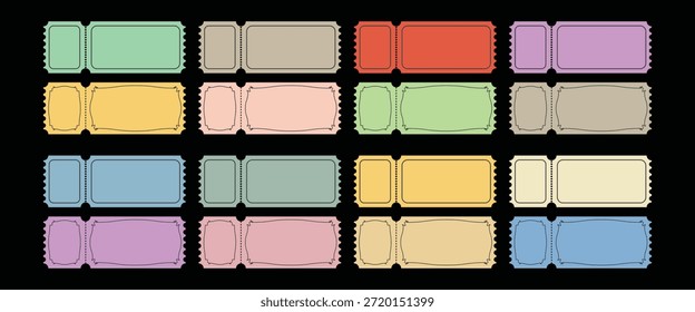 Assorted collection of blank vintage style raffle tickets featuring different pastel colors and perforated edges are displayed horizontally across the dark background ready for custom text and designs.