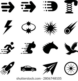 Assorted collection of bold speed motion and transportation icons featuring rockets cars birds and more