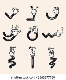 Assorted collection of comic cartoon hand gesture. Hand and arms in separated group.
