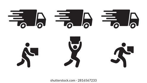 Assorted collection of courier service symbols featuring moving trucks and people delivering parcel boxes.
