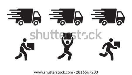 Assorted collection of courier service symbols featuring moving trucks and people delivering parcel boxes.