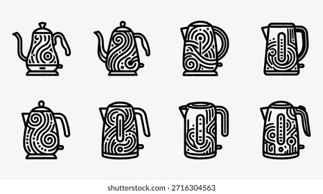 Coleção variada de chaleiras decorativas com elementos de design exclusivos em arte vetorial