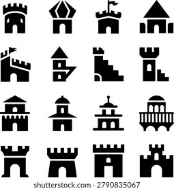 Assorted collection of detailed castle and historical building icons in monochrome design perfect for projects
