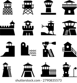 Assorted collection of detailed watchtower and lighthouse icons in monochrome design perfect for maps navigation and architecture themes