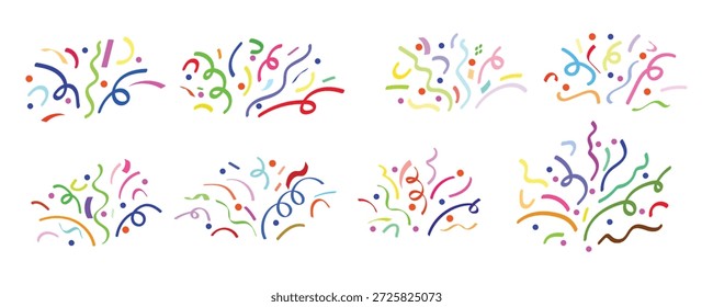 Assorted collection of eight colorful abstract confetti and streamer bursts provides vibrant elements ideal for joyous festive background decoration or cheerful event graphics.