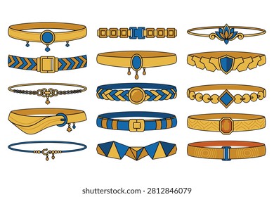 Assorted collection of elegant golden belts with intricate buckles and blue jewel embellishments for fashion accessories.