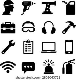 Assorted collection of essential tools safety gear and technology icons for construction and communication needs