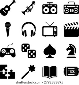 Assorted collection of flat design icons representing music games movies and entertainment activities