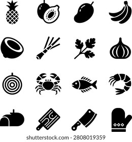 Assorted collection of fresh tropical fruits seafood and kitchen tools depicted in minimalist iconography style