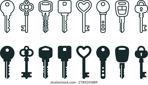Assorted collection of metal door keys and car fobs in black and white silhouette style for security and access control