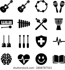 Assorted collection of minimalist icons featuring musical instruments medical symbols and lifestyle elements in monochrome design
