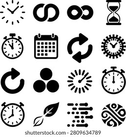 Assorted collection of minimalist time and cycle icons perfect for projects and presentations
