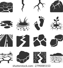 Assorted collection of nature and environment icons featuring cracks mud footprints rocks and plants