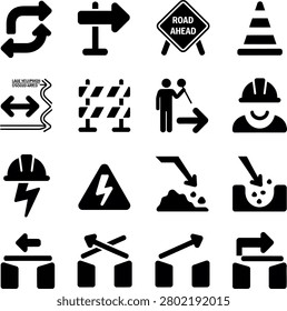 Assorted collection of roadwork and construction signs with directional arrows and safety symbols for projects