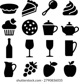 Assorted collection of simple food and drink icons featuring desserts fruits and beverages in clean design