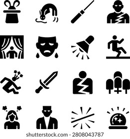 Assorted collection of striking icons depicting magic emotions danger and entertainment themes in bold silhouettes
