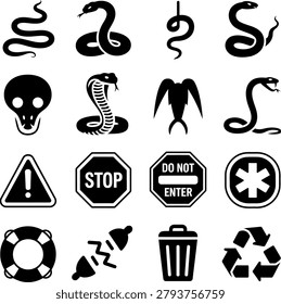 Assorted collection of striking icons featuring snakes symbols warnings and environmental signs in bold design