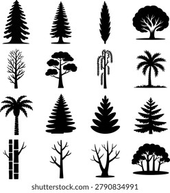 Assorted collection of stylized tree and plant silhouettes perfect for naturethemed designs and illustrations