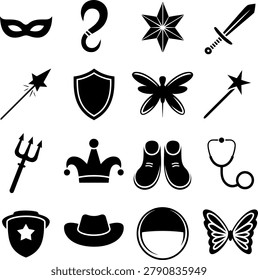 Assorted collection of symbolic icons featuring fantasy magic and everyday objects in bold monochrome design