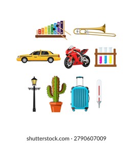 Assorted collection of various everyday objects vehicles vector set illustration.