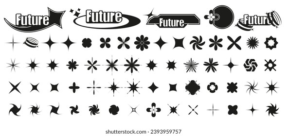 Assorted Collection of Vector Starbursts and Futuristic Shapes for Design Retrofuturistic, Y2K, rave trip Elements. Cyberpunk symbols, icons. emplates for notes, posters, banners, stickers.