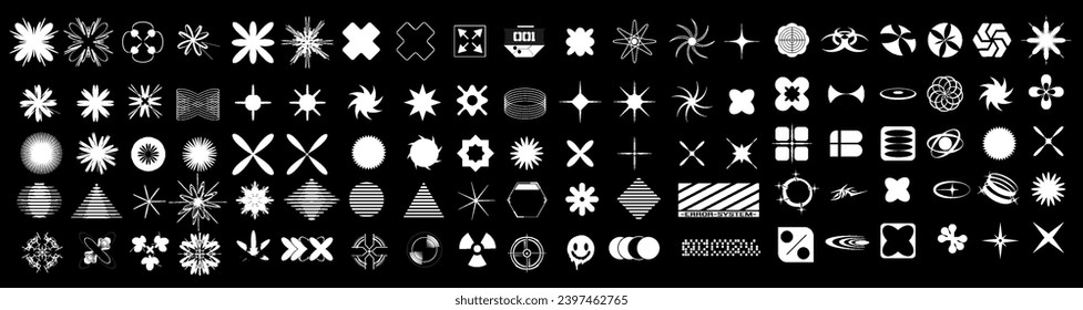Assorted Collection of Vector Starbursts and Futuristic Shapes for Design Retrofuturistic, Y2K, rave trip Elements. Cyberpunk symbols, icons. emplates for notes, posters, banners, stickers.	
