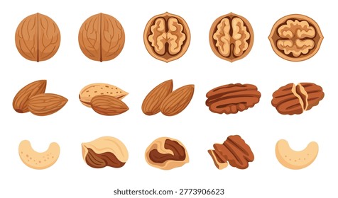 Assorted collection of whole and cracked walnuts almonds and pecans organized in a uniform grid pattern on a plain light beige background with soft illumination.