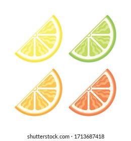Assorted colored citrus fruit quarter slice vector version 3 icon logo illustration design set.