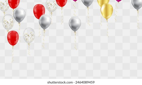 Verschiedene bunte Luftballons in Rotgold, Silber und Rosa mit goldenen Bändern auf einem transparenten Hintergrund für Feier-Themen