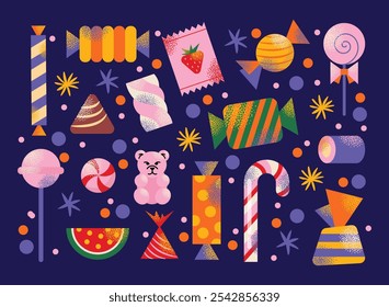 Surtido de caramelos de colores, piruletas, gomitas y dulces con varias Formas aisladas sobre un fondo oscuro. Ilustración vectorial plana. Concepto de confitería, postre y dulces.