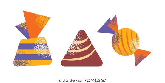 Surtido de caramelos de colores, piruletas, gomitas y dulces con varias Formas aisladas sobre un fondo blanco. Ilustración vectorial plana. Concepto de confitería, postre y dulces.