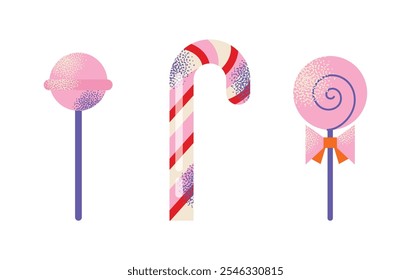 Surtido de caramelos de colores, piruletas, gomitas y dulces con varias Formas aisladas sobre un fondo blanco. Ilustración vectorial plana. Concepto de confitería, postre y dulces.