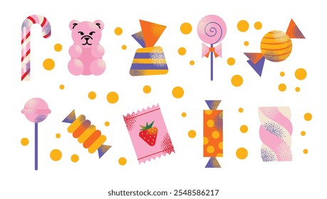 Surtido de caramelos de colores, piruletas, gomitas y dulces con varias Formas aisladas sobre un fondo blanco. Ilustración vectorial plana. Concepto de confitería, postre y dulces.