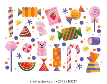 Assorted colorful candies, lollipops, gummies, and sweets with various shapes isolated on a white background. Flat vector illustration. Confectionery, dessert, and sweet treats concept.