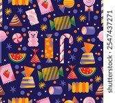 Assorted colorful candies seamless pattern, lollipops, gummies, and sweets with various shapes isolated on background. Flat vector illustration. Confectionery, dessert, and sweet treats concept.