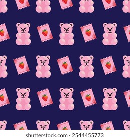 Assorted colorful candies seamless pattern, lollipops, gummies, and sweets with various shapes isolated on background. Flat vector illustration. Confectionery, dessert, and sweet treats concept.