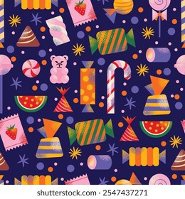 Assorted colorful candies seamless pattern, lollipops, gummies, and sweets with various shapes isolated on background. Flat vector illustration. Confectionery, dessert, and sweet treats concept.