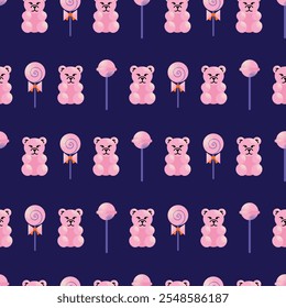 Assorted colorful candies seamless pattern, lollipops, gummies, and sweets with various shapes isolated on background. Flat vector illustration. Confectionery, dessert, and sweet treats concept.