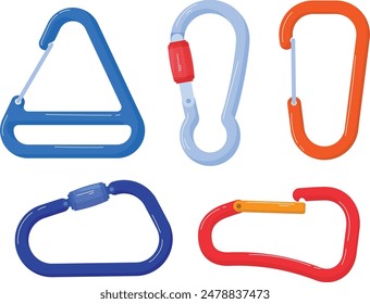 Assorted colorful carabiner clips set isolated. Cartoon style rock climbing equipment, secure lock safety. Various shapes carabiners vector graphic illustration